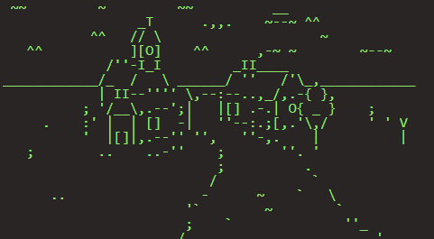 A village made from ascii characters showing a path, two buildings, and a sky with clouds.